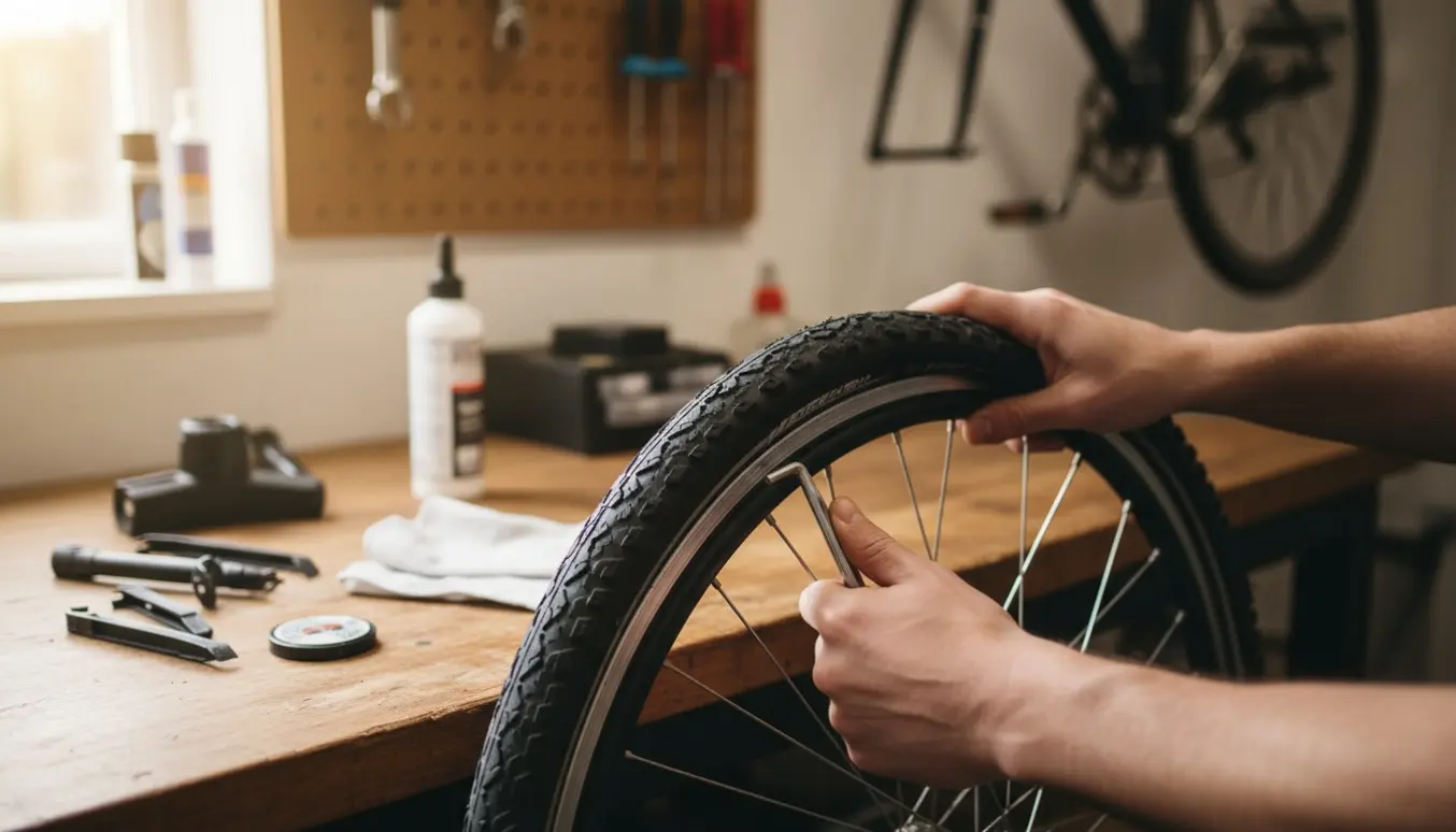 Nærbillede af hænder, der monterer nye dæk og slanger på et cykelhjul med eger og værktøj på et ryddeligt værksted.