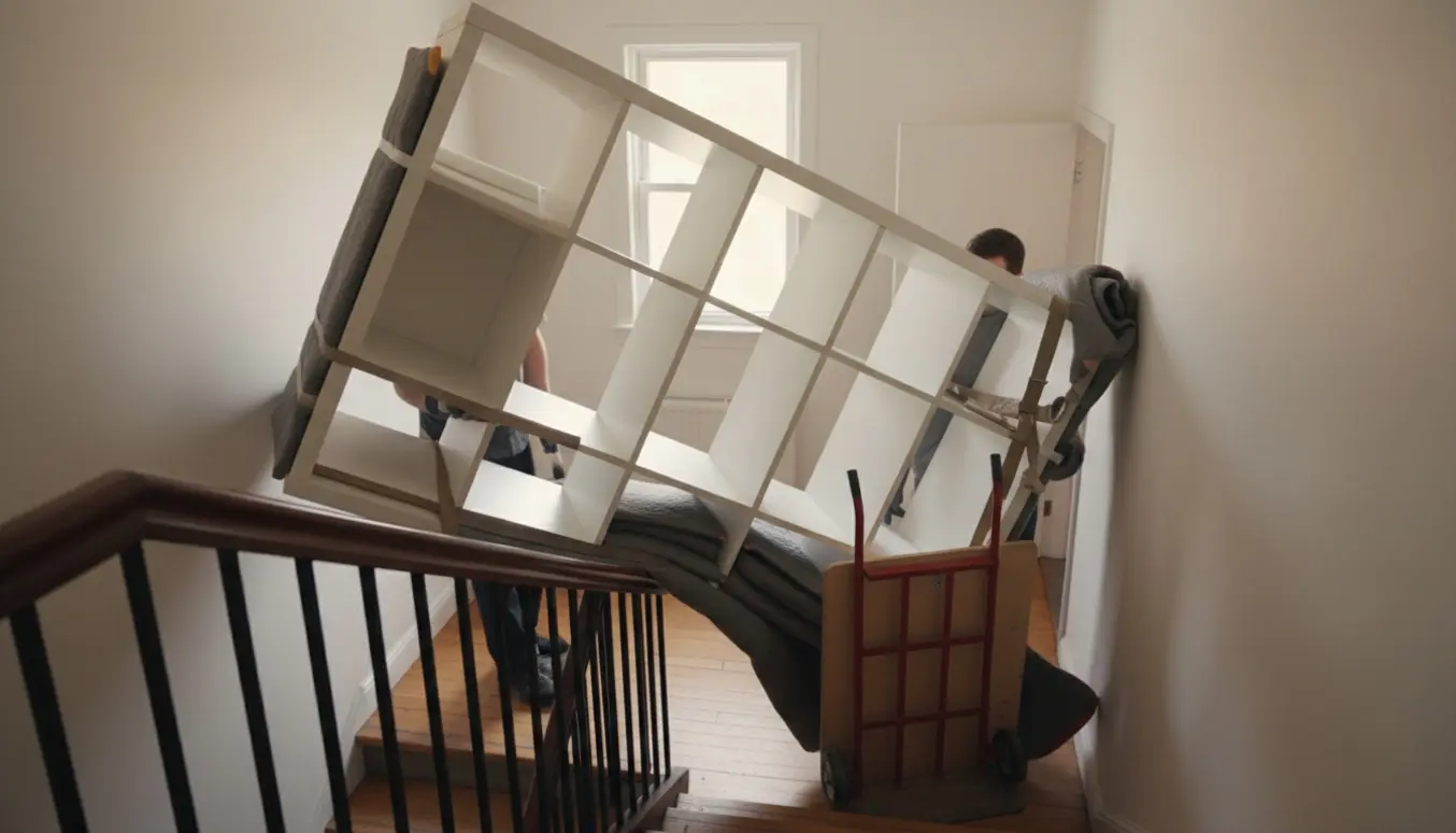 Et hvidt Kallax-reol på ca. 182x182 cm bæres ned ad en trappe og sættes på en trækvogn, personer ses bagfra eller sløret.