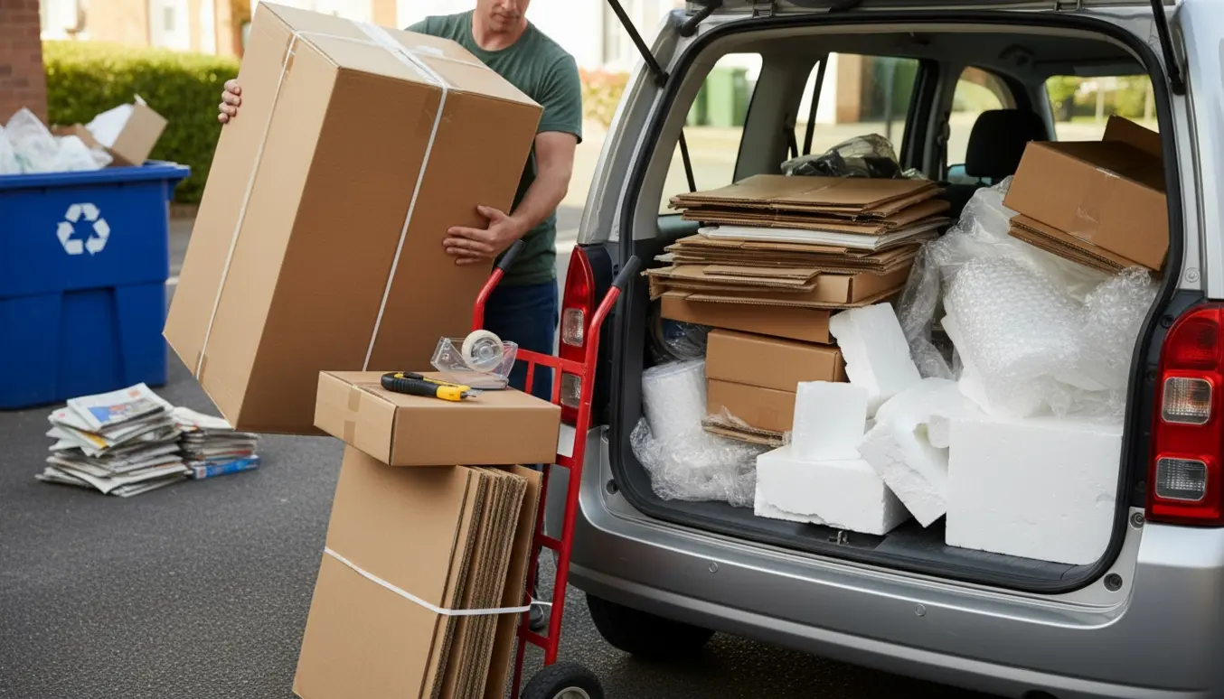Åben bil bagagerum fyldt med fladpakkede papkasser, flamingo og emballageplast klar til aflevering.
