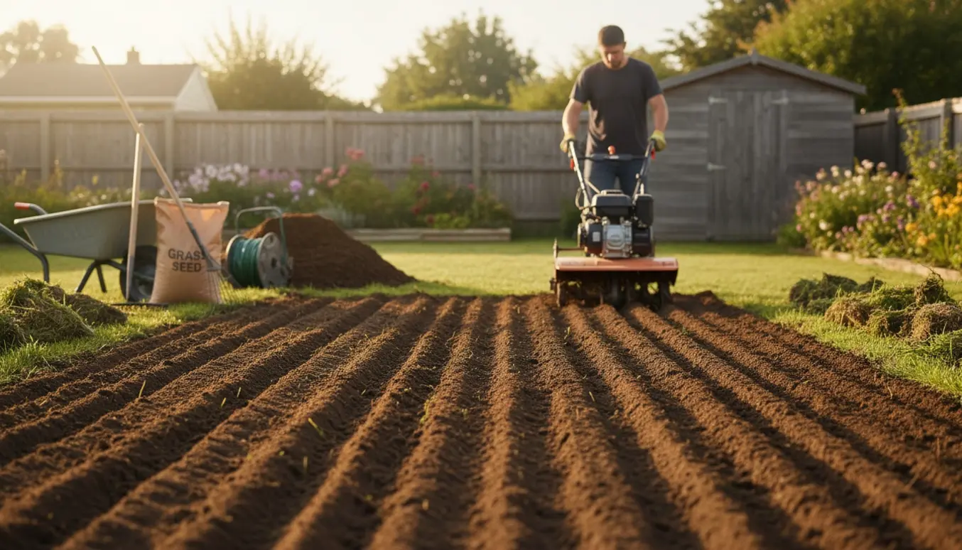 En flad have klargøres til såning med fræset, mørk jord, fræser, trillebør og værktøj.
