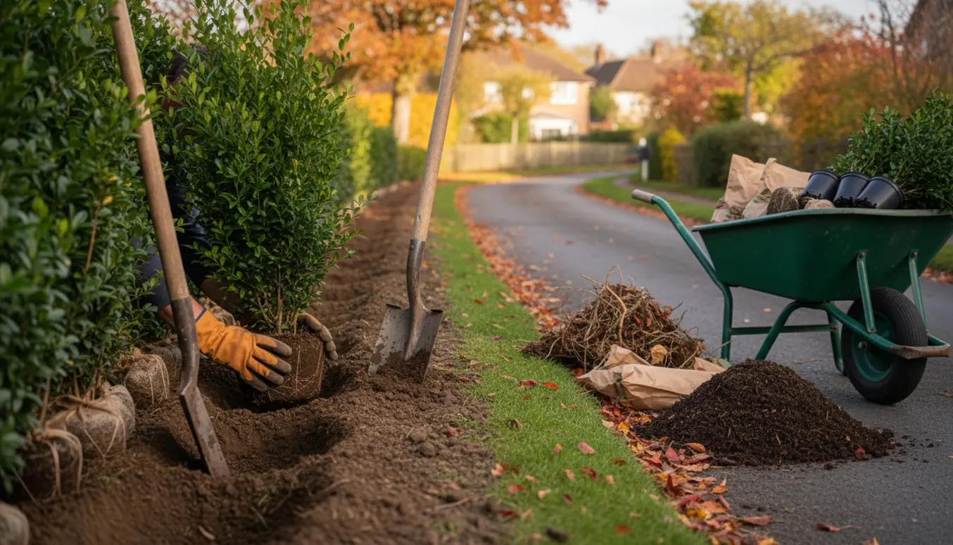 Nyplantning af en kort ligusterhæk langs vejkanten med spade, trillebør og nypudsede planter.