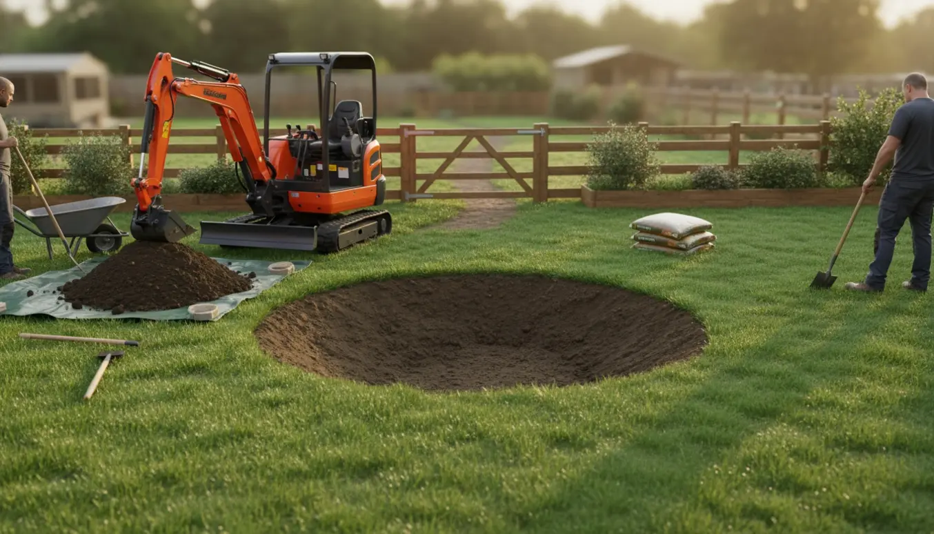 Rund udgravning til havetrampolin i baghaven med minigraver og jordbunker.