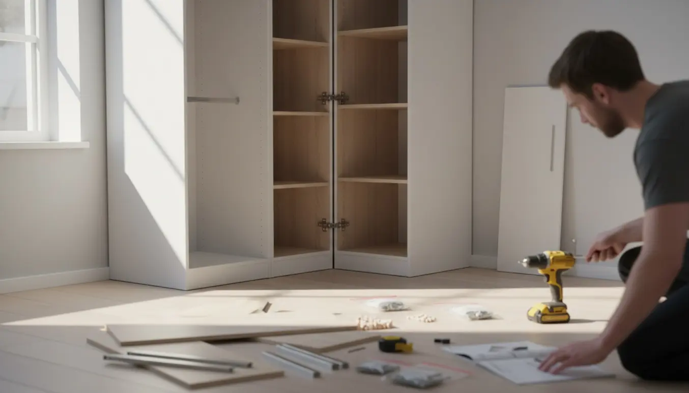 Delvist samlet hjørneskab i lyst værelse med værktøj og hænder, der monterer skabet.