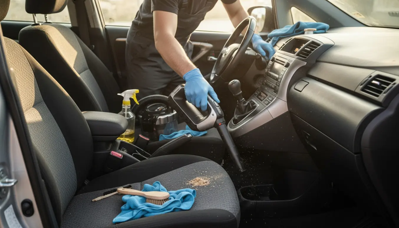 En person rengør forsæderne i en Toyota Verso med støvsuger og microfiberklud.