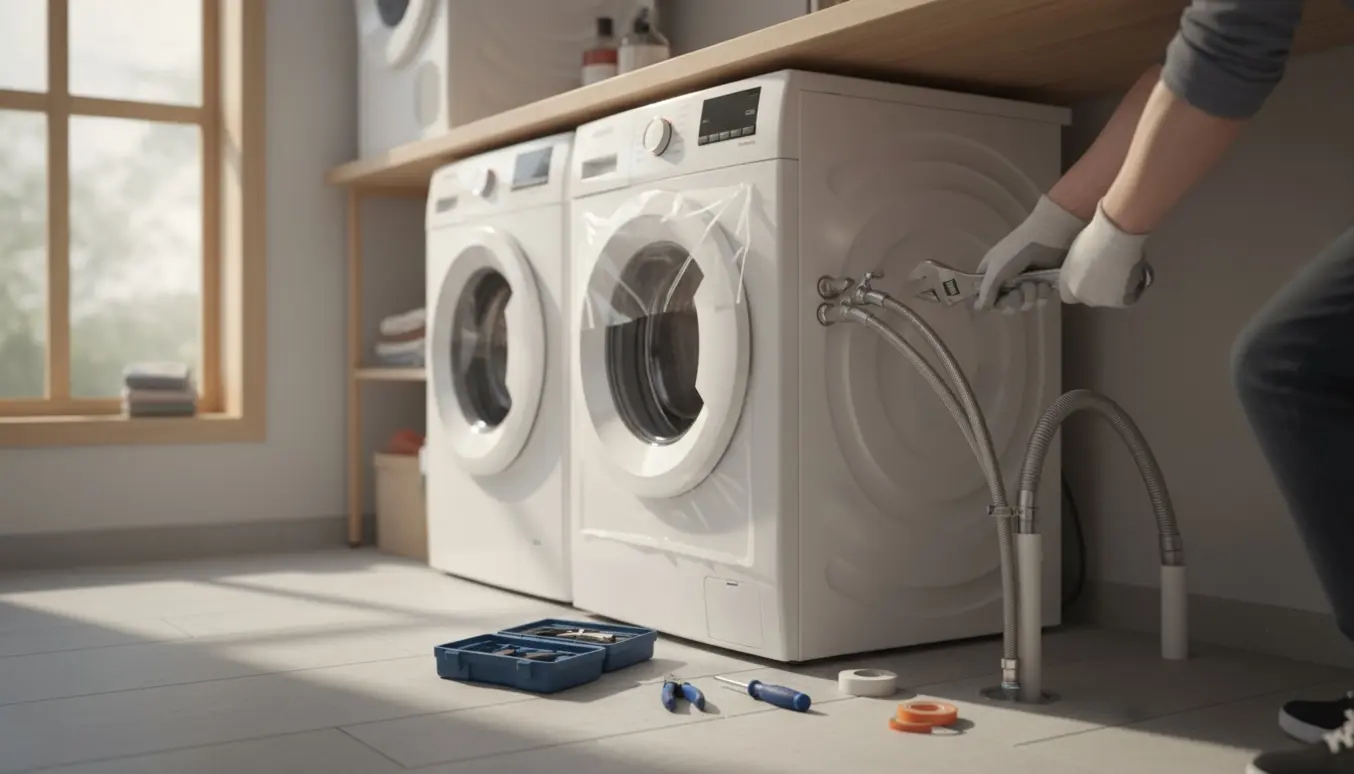 Installatør forbinder vand- og afløbsslanger på en ny vaskemaskine i et lyst bryggers.