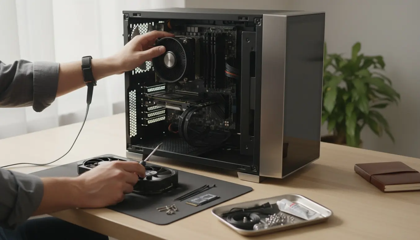 Nærbillede af hænder, der placerer en bundkort i et åbent PC-kabinet med skruer, termisk pasta og kabler på et ryddeligt bord.