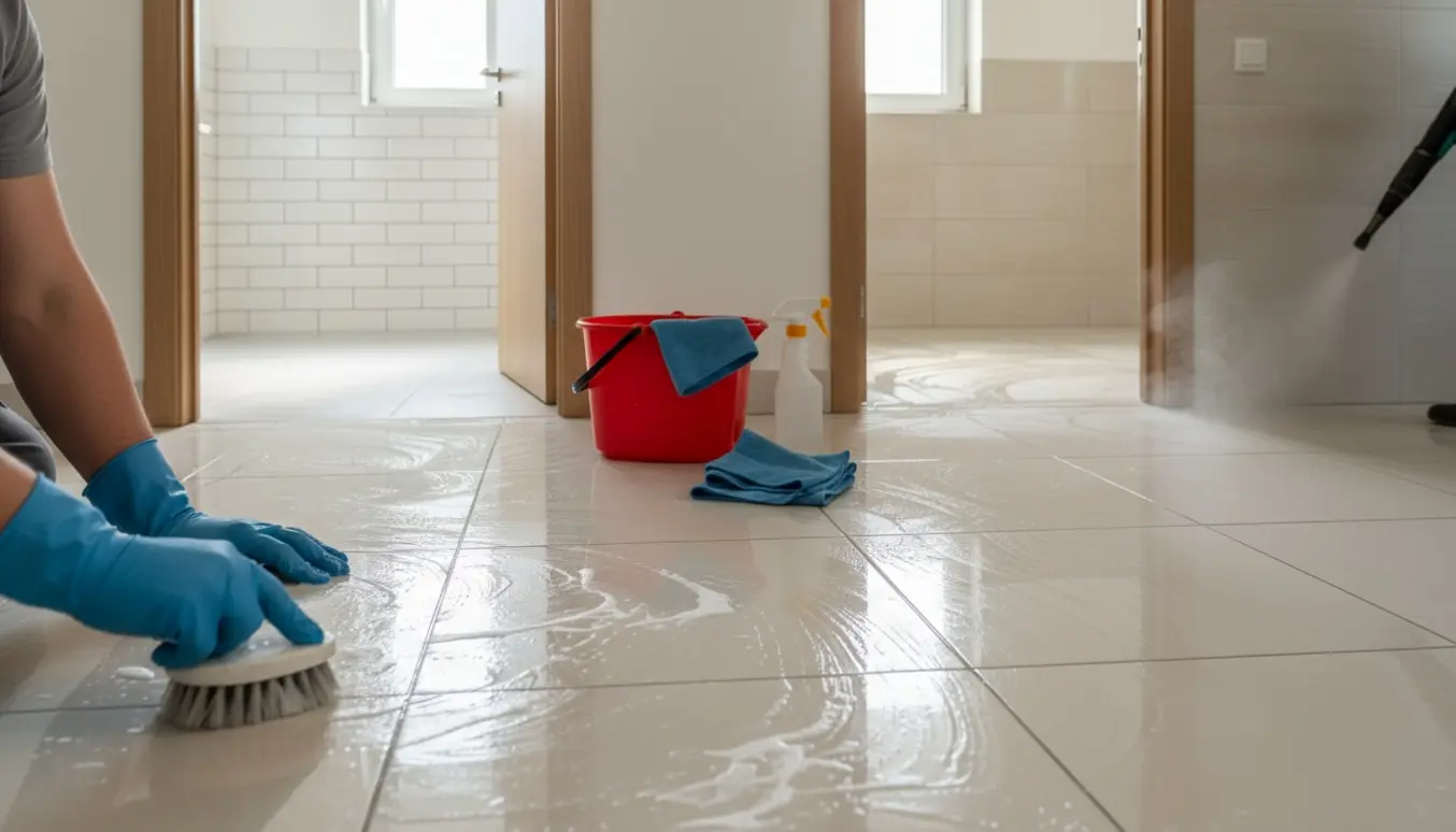 Nærbillede af hænder, der renser badeværelsesfliser med børste og damprenser, med skinnende rene klinker.