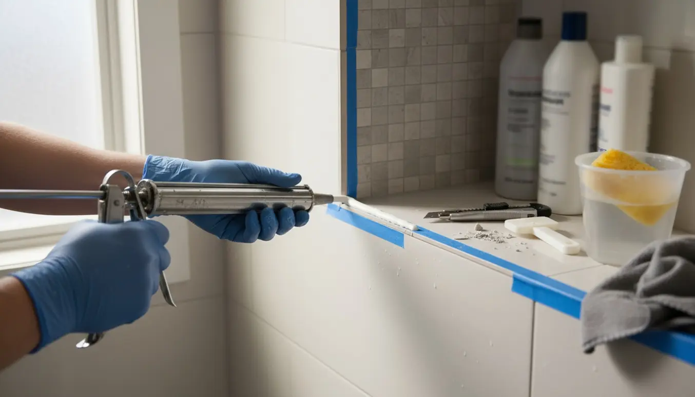 Nærbillede af hænder, der påfører ny silikonefuge i en bruseniche med fliser.