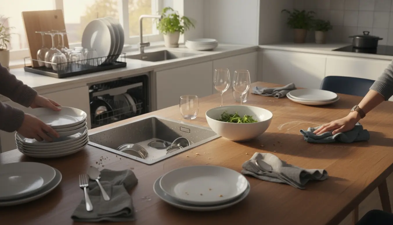 Hænder rydder af bordet og sætter opvask i vasken efter et måltid.