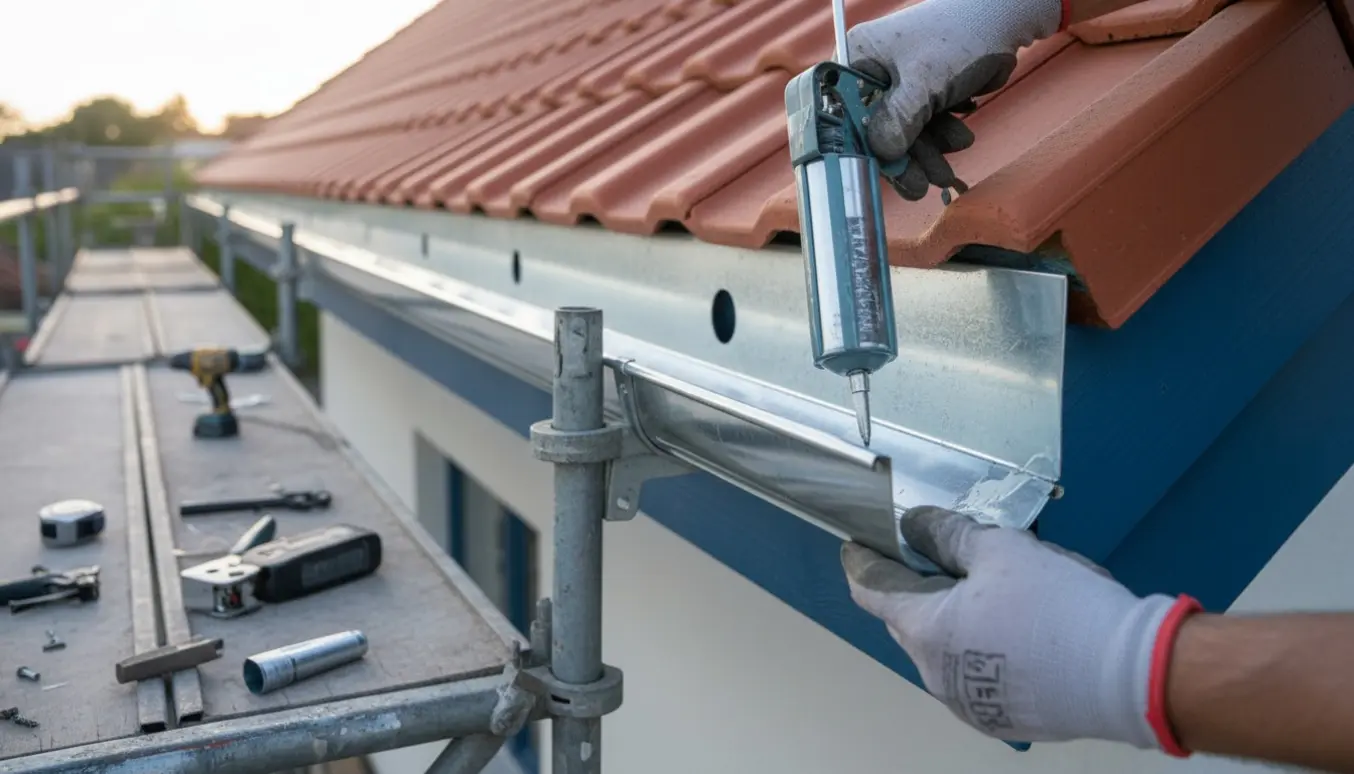 Alu-zink tagrende 125 mm monteres på nye stern med skrå og lige konsoller og rullestillads i baggrunden.