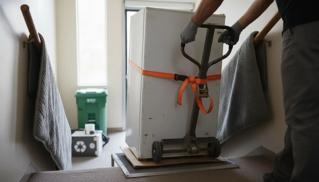 To personer læsser et gammelt køleskab ud af en trappe og ind i en åben lastbil til bortskaffelse.