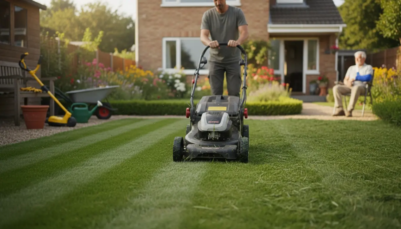 En hjælper slår græsset i en todelt villahave, mens en person med armen i fatle sidder på trappen.