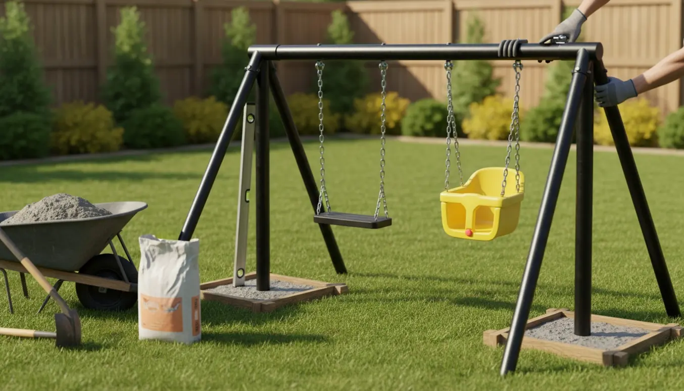 Sort L-formet gyngestativ monteres i et havehjørne med støbte fodninger og værktøj.