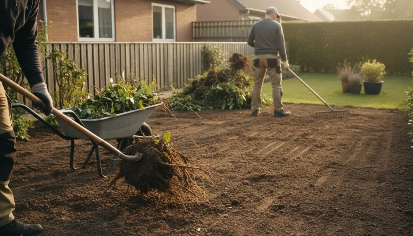 En gartner fjerner buske og retter jorden i en lille have i Horsens.