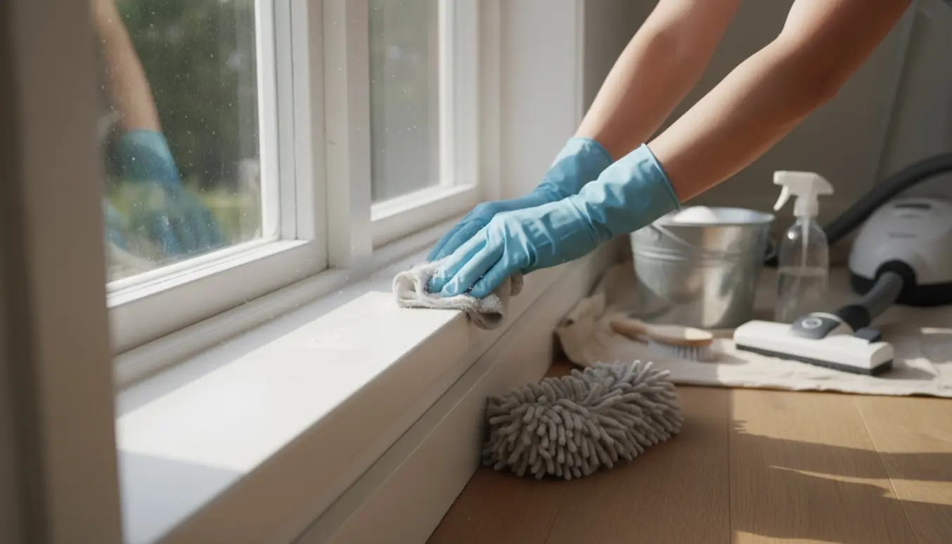 Rengøring af støvede vinduesrammer og afstøvning af fodpaneler i et lyst, skandinavisk hjem.