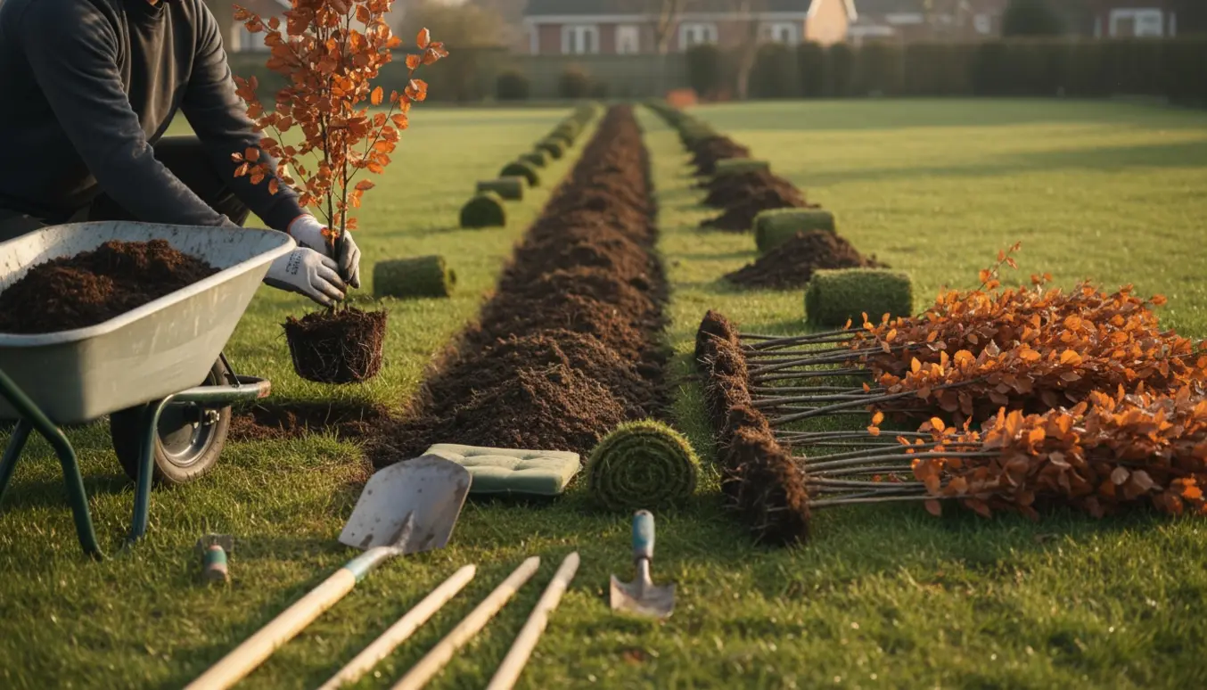 En haveejer planter en ca. 4 meter bøgehæk i en forberedt rende med opgravet græstørv og haveredskaber.