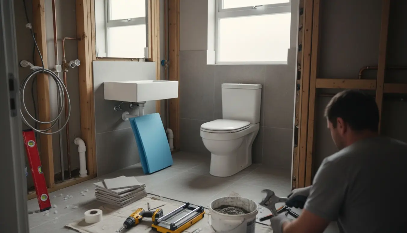Et udvidet badeværelse under renovering med delvist installeret toilet, håndvask og værktøj.