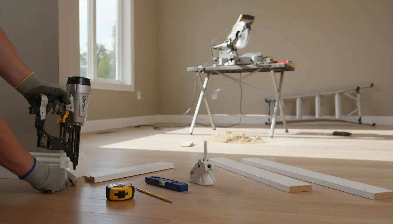Hænder monterer trælister langs en væg med værktøj og savstøv på gulvet.
