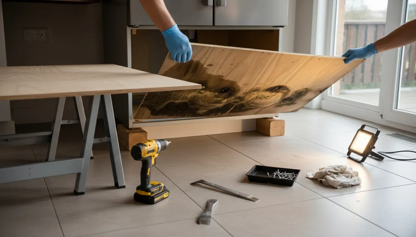 Køleskab løftet på klodser, hvor en rådden bundplade fjernes og en ny bundplade ligger klar ved værktøj.