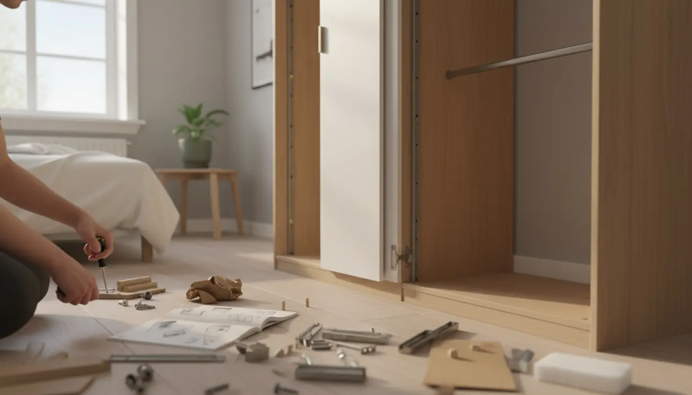 Hænder samler et fladtpakket garderobeskab i et lyst skandinavisk værelse.