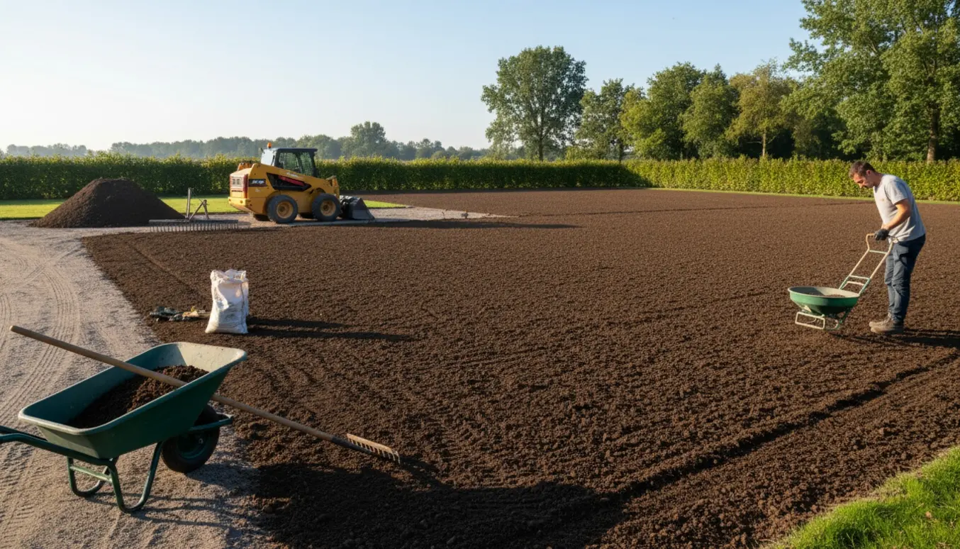 Jævnt forberedt græsareal med ny muldjord, bobcat, skovl, rive og håndværktøj klar til såning.