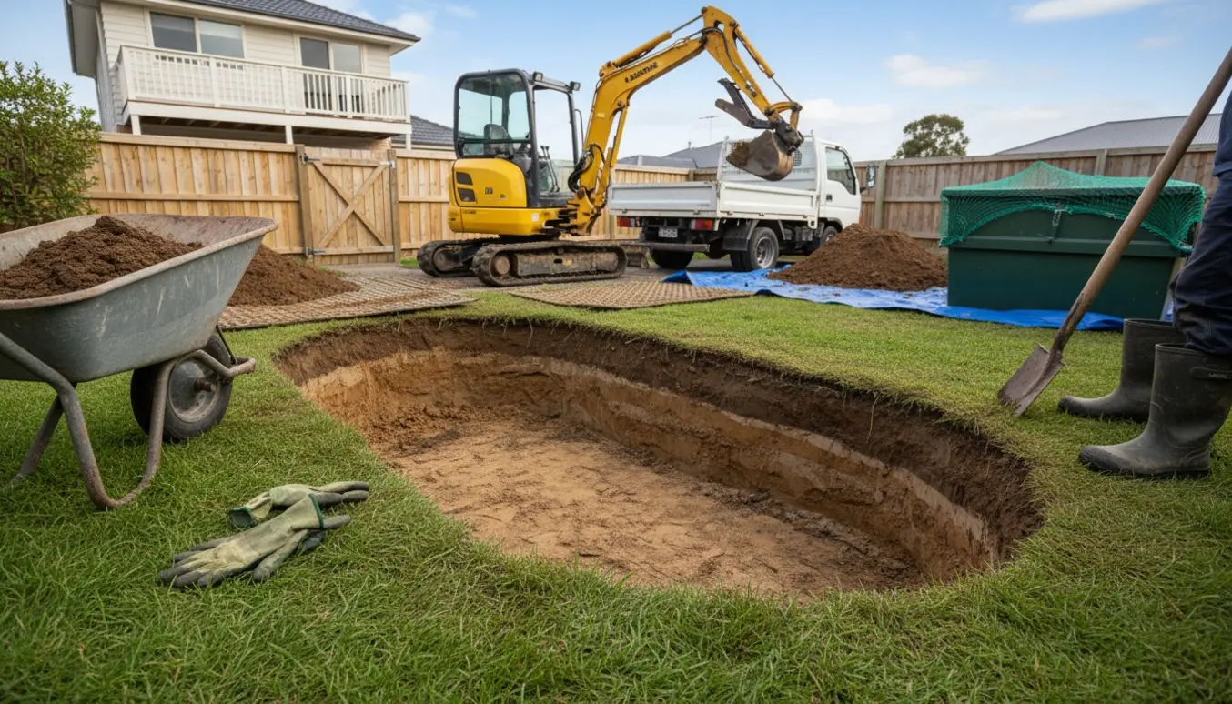 Ovalt hul til nedgravet trampolin i baghaven med minigraver på køreplader og jord klar til bortkørsel.
