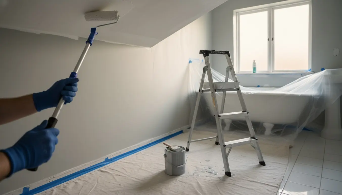 Nærbillede af en malerulle, der påfører frisk maling på badeværelsets loft og væg med afdækning og stige.