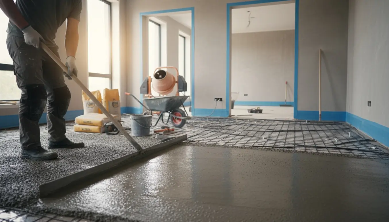 Våd beton i to tilstødende rum med synligt elvarmenet og håndværktøj klar til udjævning.