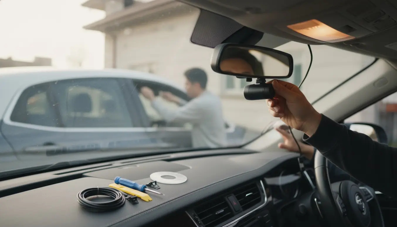Hænder afmonterer et sort dashcam fra forruden og monterer det i en anden bil med værktøj og kabler på sædet.