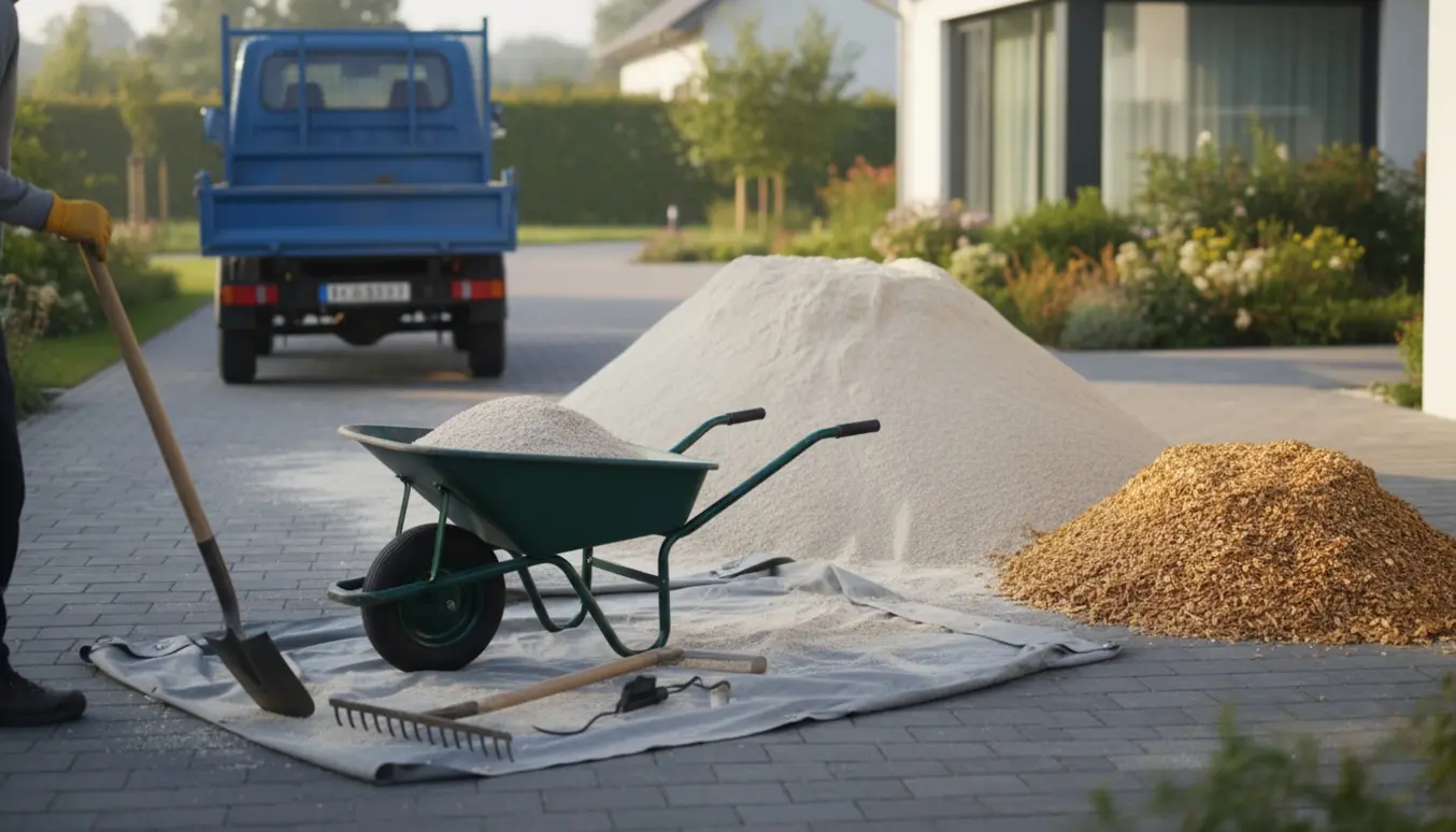 Levering af fin stramsand ved indkørsel med trillebør, skovl og en bunke træflis i baggrunden.