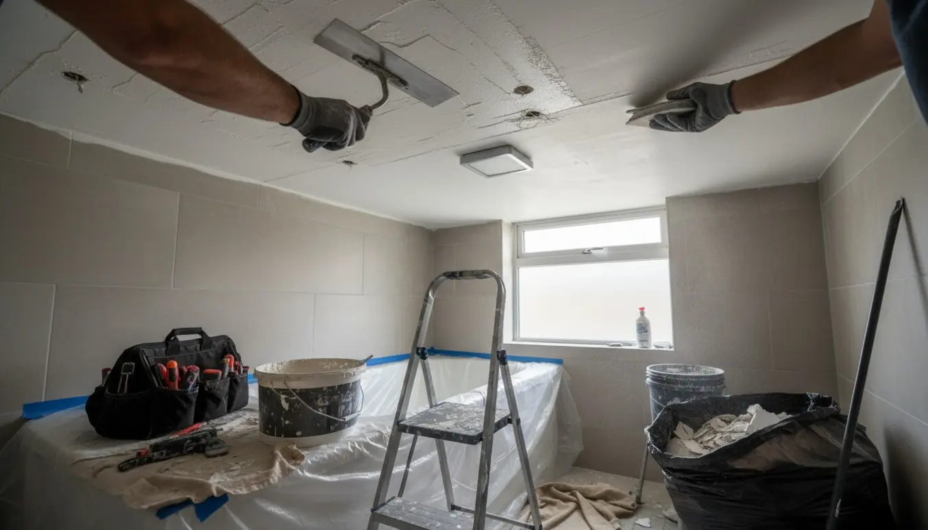 Håndværker spartler et lille badeværelsesloft og bagvæg med spartel, stige og afdækningsplast.