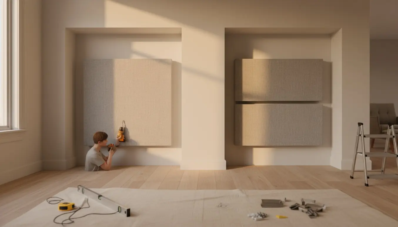 Hænder monterer akustikpaneler i to alkover, tre paneler i hver, med boremaskine og vaterpas i et lyst rum.