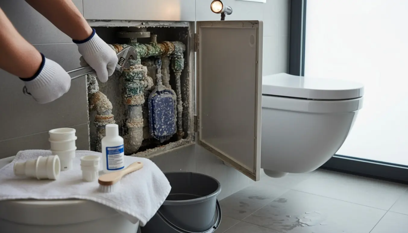 Åben indbygningscisterne med kalkaflejringer, hvor handske-klædte hænder arbejder med værktøj og reservedele.