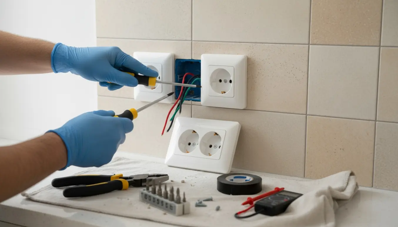 Nærbillede af hænder, der monterer en enkelt- og en dobbelt stikkontakt i en hvid flisevæg i køkkenet med værktøj samlet på bordet.