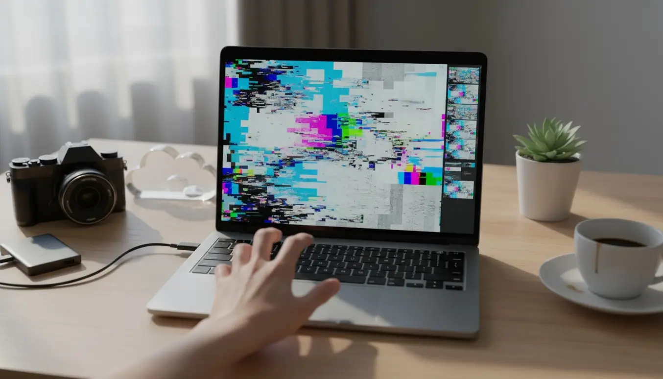 Nærbillede af en bærbar med pixelerede og korrupte billeder på skærmen, en hånd over tastaturet og en lille ekstern SSD på bordet.