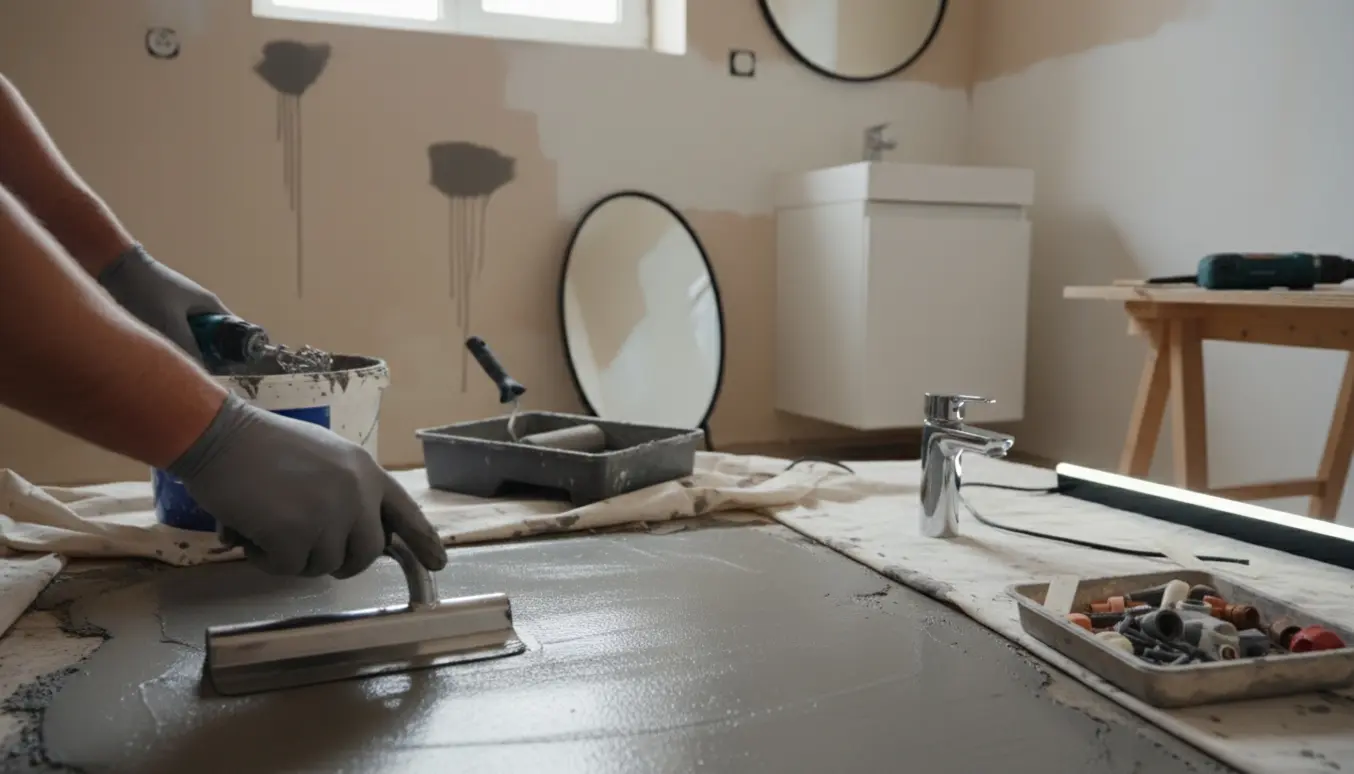 Nærbillede af badeværelse under renovering med microcement der glattes ud, maleruller og nyt håndvaskmøbel klar til montering.