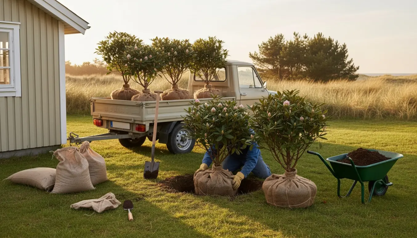 Burlap-indpakkede rhododendroner på trailer og hænder, der planter et træ i et sommerhushjørne ved kysten.