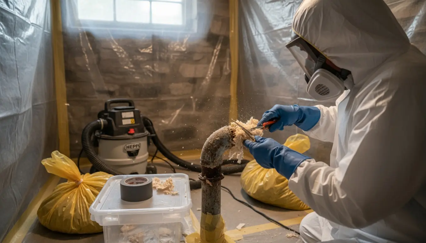 Tekniker i beskyttelsesdragt fjerner gammel isolering fra rør i en kælder med plastafskærmning og affaldsposer.