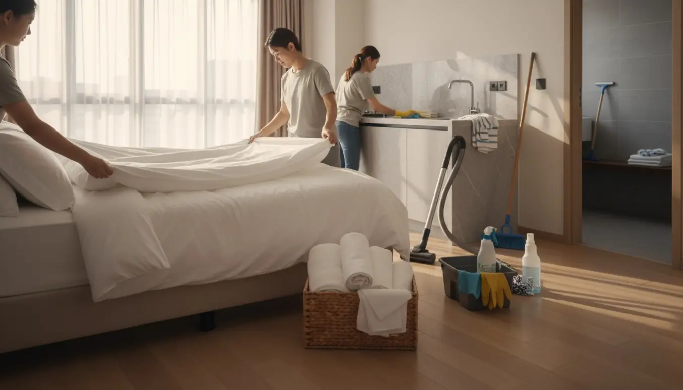 Rengøringsperson skifter sengetøj og organiserer håndklæder i en lys korttidsudlejningslejlighed.