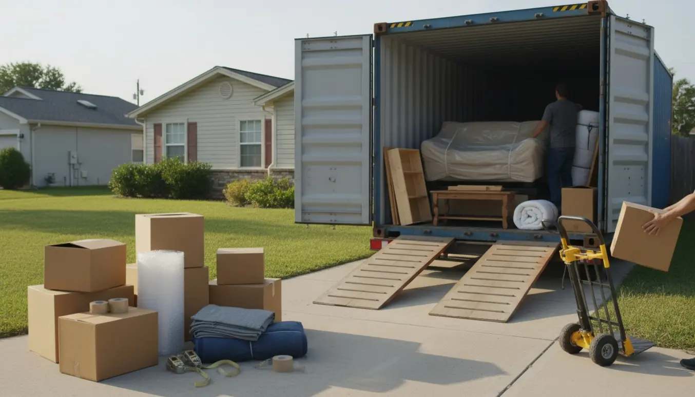 Åben 20-fods container ved et hus med flyttekasser og møbler, hvor hjælp læsser uden tydelige ansigter.