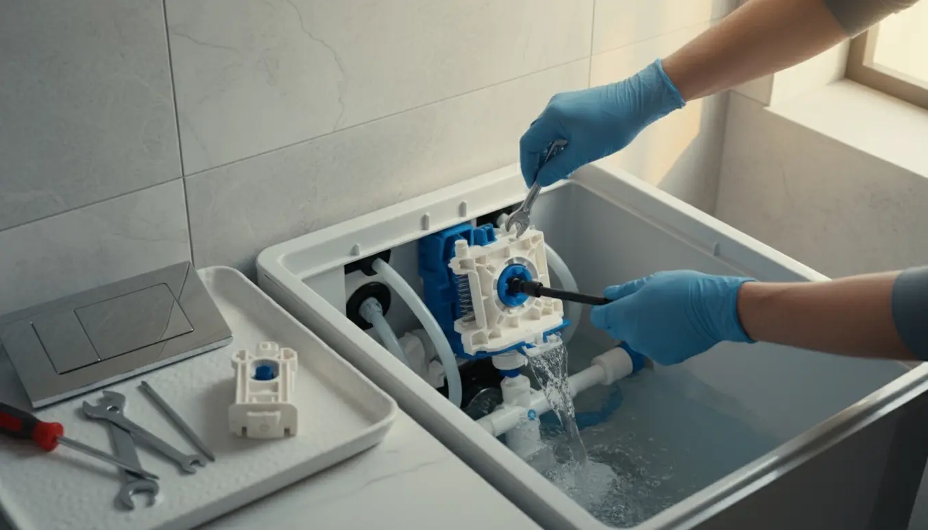 Åben indbygget cisterne med hænder, der justerer skyllemekanismen og værktøj ved siden af.