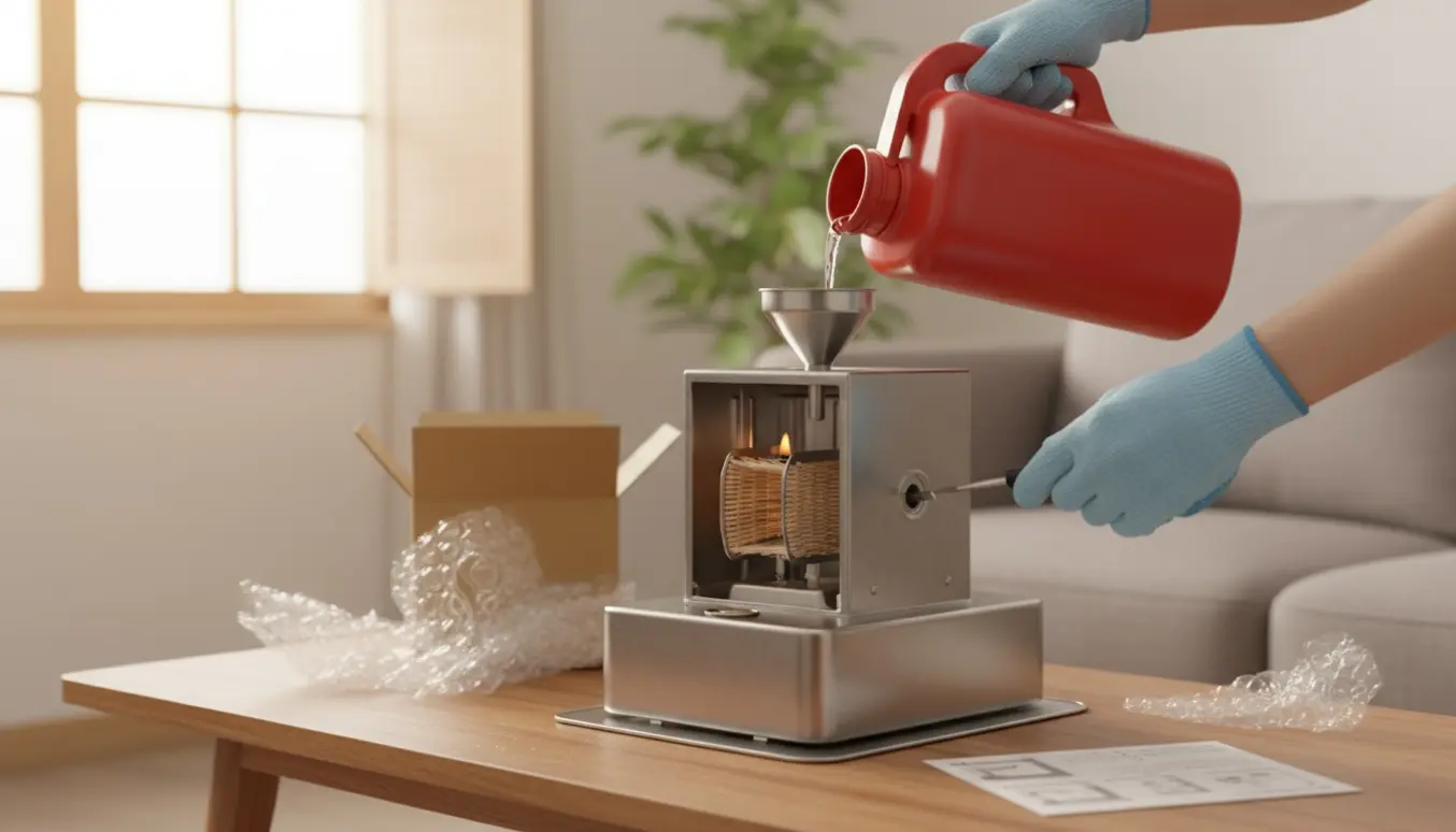Hænder fylder og justerer en ny petroleumsovn i et ventileret, hyggeligt rum.