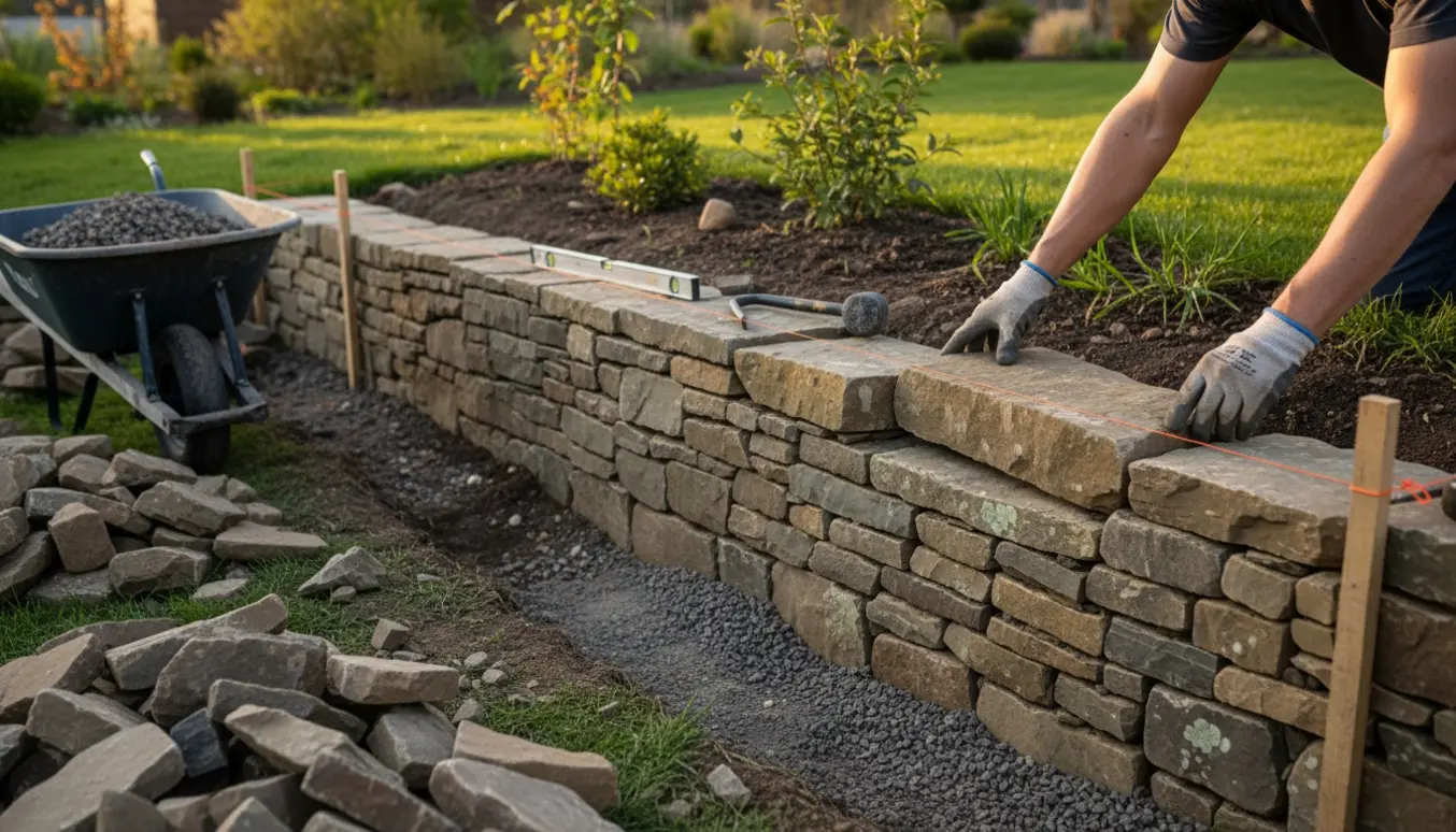 Delvist opbygget stengærde med arbejdshænder, værktøj og bunker af sten ved en niveauforskel.