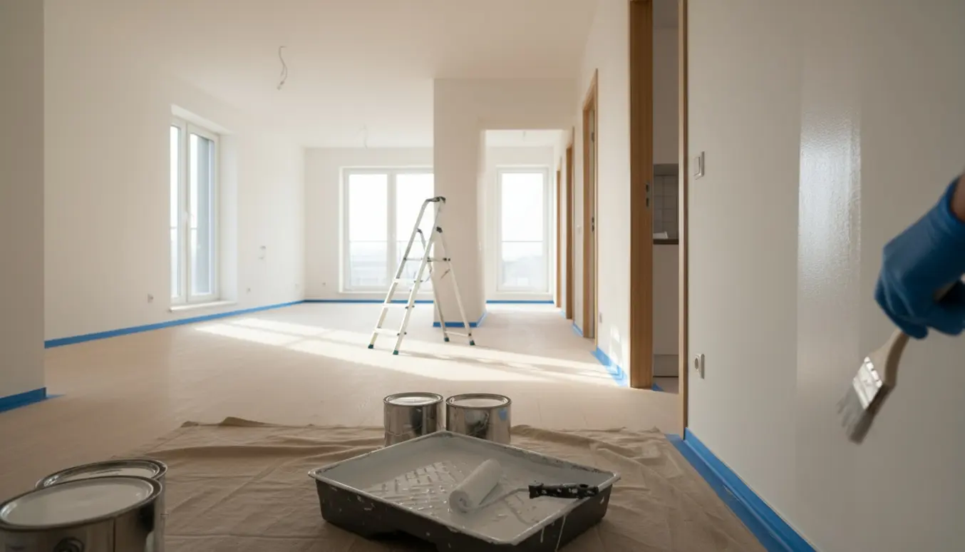 Tom lejlighed med nymalet hvide vægge og malerudstyr lagt frem.