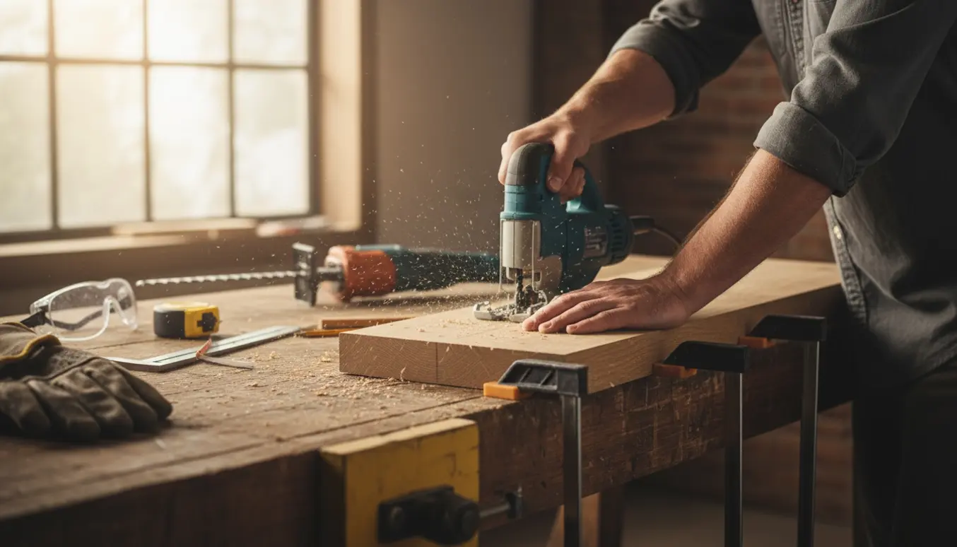Nærbillede af hænder, der skærer en træplade med en stiksav på et arbejdsbord omgivet af savsmuld og værktøj.