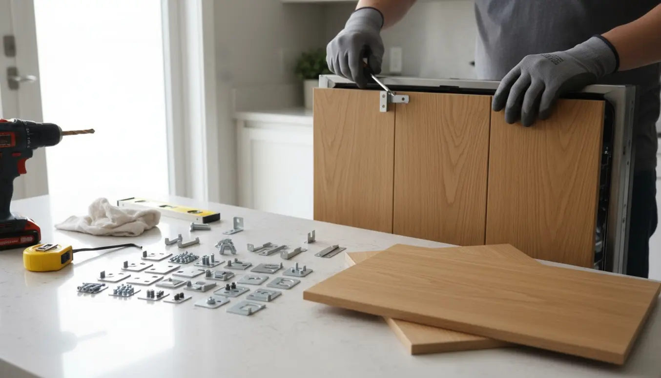 Hænder monterer en tre-delt Invita køkkenlåge på en indbygget opvaskemaskine med værktøj og beslag.