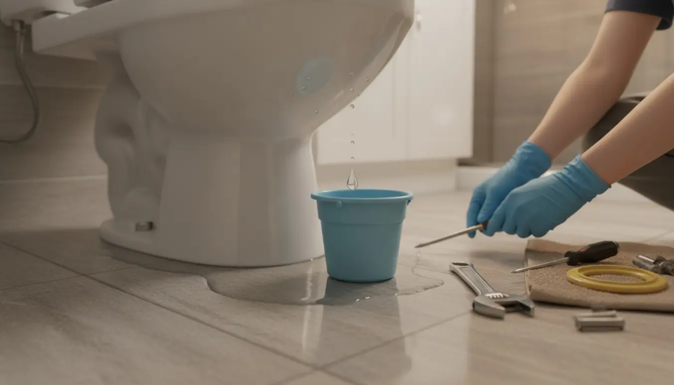 Utæt toiletskål ved gulvet med lille vandpøl og værktøj klar til reparation.