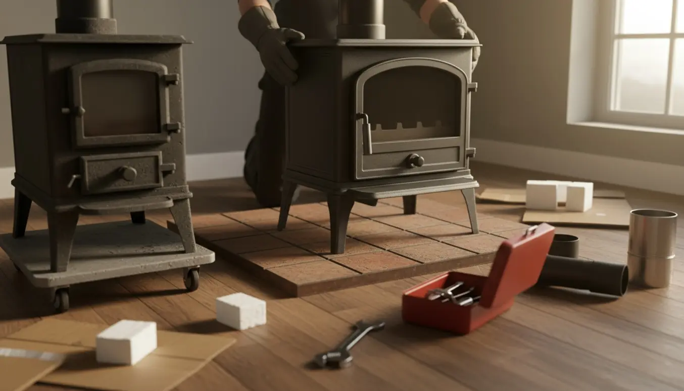 Installatør set bagfra monterer en ny brændeovn på et fliseildsted, mens den gamle ovn og værktøj står klar.
