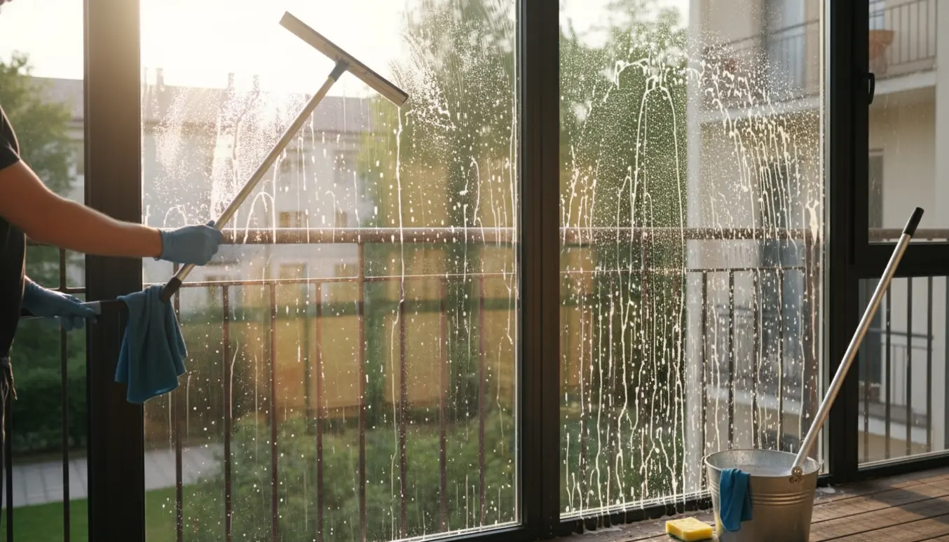 En person pudser store vinduer udefra fra en altan med skurebalje og skraber.