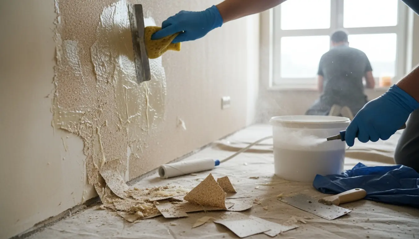 Hænder skraber savsmuldstapet og gammel lim af en væg i et lyst rum.